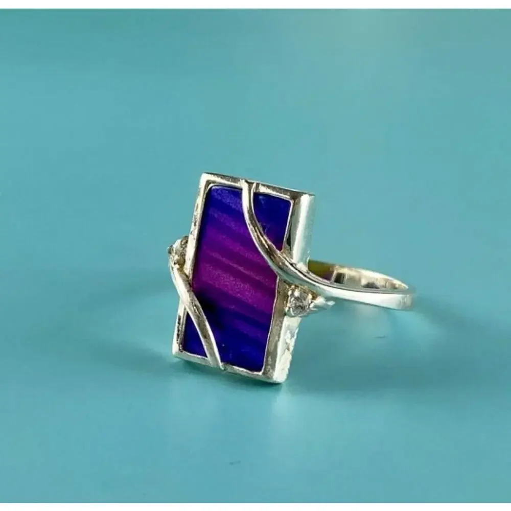 925 Sterling Silver Anodized Titanium & Quartz Ring Size 10.25